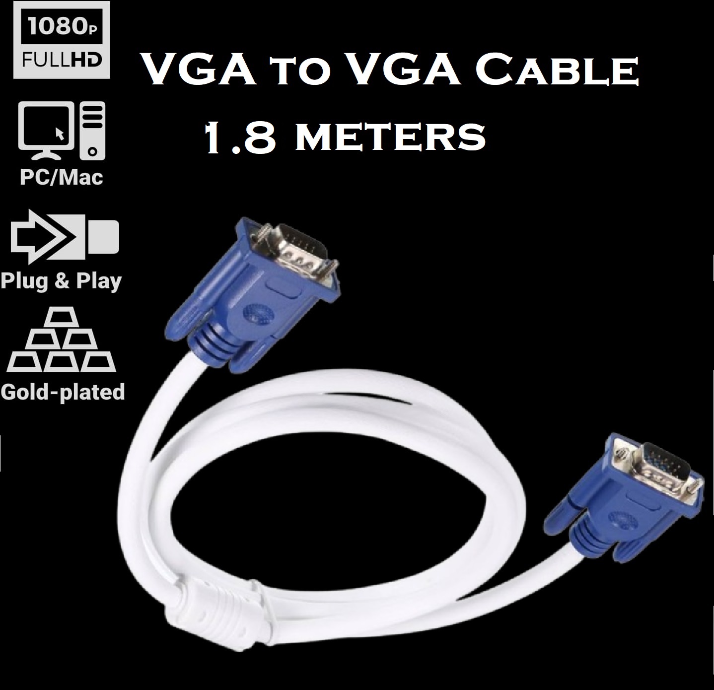 VGA to VGA cable – 1.8m – high-purity copper conductors (Full HD