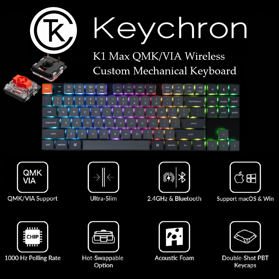 K1M-H1 Keychron K1 Max TKL Keyboard Red Switch Keychron K1 Max Ultra-Slim QMK/VIA Bluetooth Wireless/USB Wired Custom Mechanical Keyboard