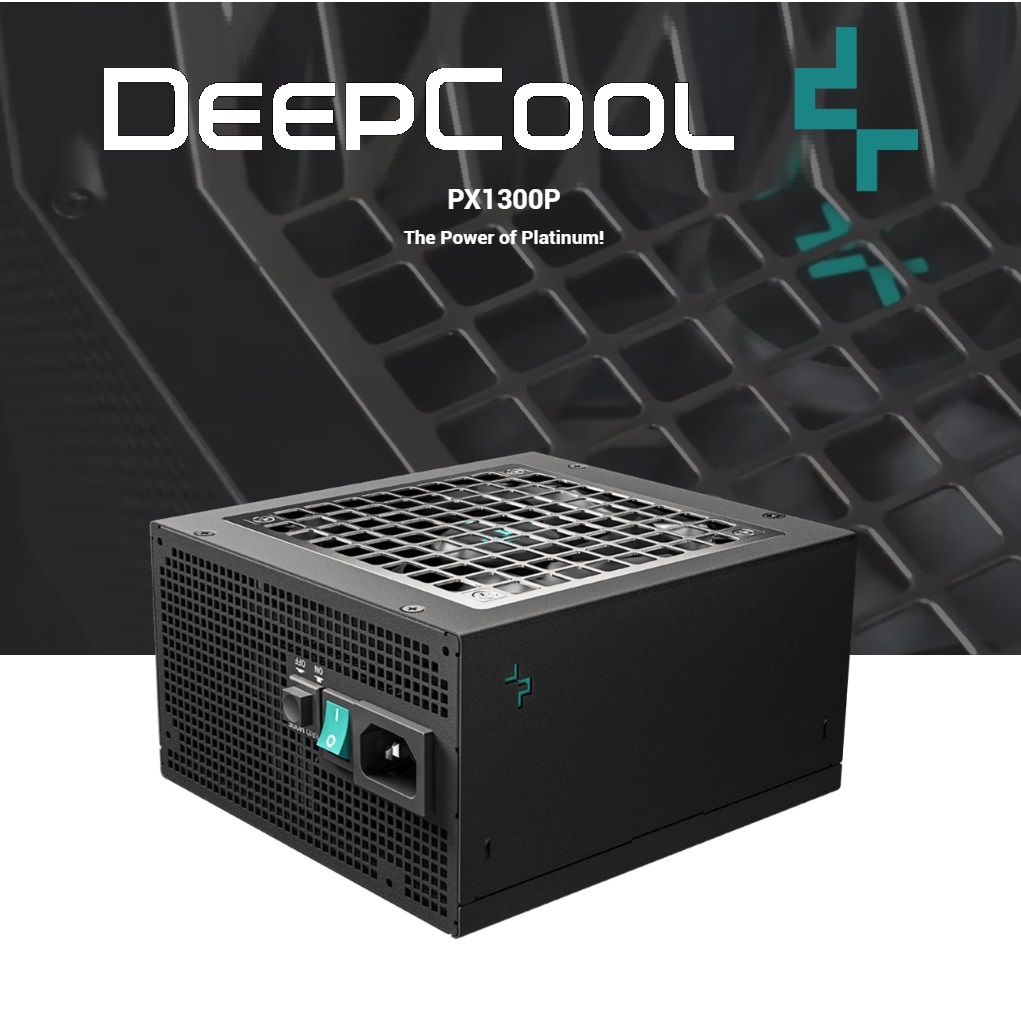 R-PXD00P-FC0B-EU 1300W 80Plus Platinum ATX12V V3 Power Supply DeepCool PX1300P 80Plus Platinum Cybenetics Platinum ATX12V V3.0 Power Supply 1300W Capacity ; 12VHPWR + 2 x EPS + 5 x PCI-e Ports ; Handles 3x total GPU Power & 2x Total System Power for 0.1 ms ; 120mm FDB Fan