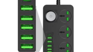 Power Strip with 6 Ports - 10A Extension Cord - 3 x Universal Power Socket 2500W; 1x TYPE-C 20W Fast PD ; 5x USB 38W ; Multi-Port Fast Charging Station with 2m Power Cord - Surge Protection Power Socket Strip 6 USB Ports