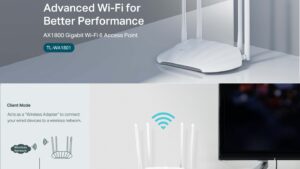 TL-WA1801 AX1800 Dual Band Gigabit WiFi 6 Access Point TP-Link AX1800 Dual Band Gigabit Wi-Fi 6 Access Point (TL-WA1801) Desktop Wi-Fi Bridge HE80 & Beamforming Supports Multi-SSID/Client/Range Extender Mode 4 Fixed Antennas Passive PoE