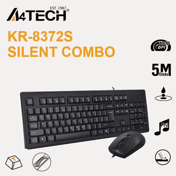 A4Tech-8372S-Silent-Wired-Keyboard-and-mouse-Combo-1000DPI-1.jpg KR-8372S A4Tech 8372S Silent Wired Keyboard and mouse A4Tech Silent Wired Keyboard & mouse Combo ;  12 Multimedia FN Hot Keys