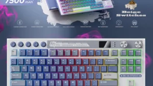 RK-M87-OCEAN-BEIGE ROYAL KLUDGE RK M87 88KEYS / BEIGE SWITCH / OCEAN BLUE RGB TRI-MODE SWAPPABLE KEYBOARD RK ROYAL KLUDGE  RK M87 88-Key Wireless Gaming Keyboard with LCD Screen and Dual Knob
