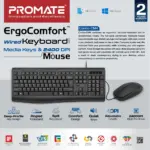 Promate Wired Keyboard and Mouse Combo, Ergonomic Slim Full-Size Quiet Keyboard, 2400 DPI Ambidextrous Mouse, Spill-Resistance, Media Keys, Plug and Play for Windows , iMac, MacBook Pro, Dell, Combo-CM4 - EN/AR