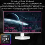 MSI MPG 321URXW QD-OLED 32 Inch UHD 3840x2160 Gaming Monitor 240Hz Refresh 0.03ms Response HDR True Black 400 ClearMR 13000 HDMI 2.1 G-Sync OLED Care 2.0 , Adjustable Hight & Tilt | WHITE & SILVER  | 6 MONTHS WARRANTY - Image 3