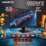 Gigabyte GS25F2 Gaming Monitor 24.5" FHD 200Hz Super Speed IPS, 1ms GTG, 120% sRGB, HDR10, OSD Sidekick, Smart OD, Crosshair, Dual HDMI, VESA Mountable , Tilt: -5° ~ +20° | BLACK