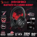 BLOODY MH390 Bluetooth v5.3 Gaming Headset, 40mm Hybrid Driver, M.O.C.I. Dome Tech, 35H Playtime, ENC Mic, 10m Range, 3.5mm Wired Mode, USB-C Fast Charge,, Foldable Design | BLACK