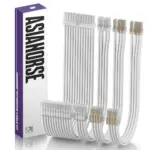 ASIAHORSE Transparent Sleeved PSU Extension Cable 4 Kit – 16AWG UL1007 Wires, 24-Pin ATX, PCIe 6+2, CPU 4+4, PET Braided, 30cm Length, Gold-Plated Terminals – White