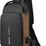 EZ EXP036 SLING BAG: Anti-Theft Lock, USB Port, Multi-Zone Storage, Reflective Safety Design, Water-Resistant Oxford Fabric – For Travel, Office, and Outdoor Use | GOLD-BLACK