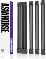 ASIAHORSE 18AWG Black-Grey PSU Cable Extension Kit – 4 Pack (24-Pin ATX, 4+4 Pin EPS, 2x PCI-E 6+2) Braided Sleeved, Soft Nylon, Cable Combs, Universal Compatibility