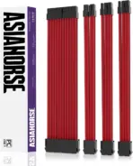 ASIAHORSE 18AWG Red PSU Cable Extension Kit – 4 Pack (24-Pin ATX, 4+4 Pin EPS, 2x PCI-E 6+2) Braided Sleeved, Soft Nylon, Cable Combs, Universal Compatibility