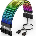 ASIAHORSE 18AWG GPU 24 (3x8) PIN ARGB Dual SR Extension Cable | 300mm Sleeved Silicone RGB Cable | 81 LEDs | Silver-Plated Wire | Black | Auro Sync Compatible