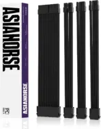 ASIAHORSE 18AWG Black PSU Cable Extension Kit – 4 Pack (24-Pin ATX, 4+4 Pin EPS, 2x PCI-E 6+2) Braided Sleeved, Soft Nylon, Cable Combs, Universal Compatibility