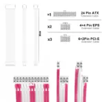 AsiaHorse 16AWG 6KIT DOUBLE White-Pink Sleeved PSU Cable Extension Kit – 24-Pin ATX, Dual 4+4 CPU EPS, 3x PCI-E 6+2, Gold-Plated Terminals, 300mm, High-Density PET Braided - Image 2