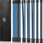 AsiaHorse 18AWG Blue-Grey-Black Sleeved PSU Extension Cable Kit – 6 Pack, 300mm, PET Braided, Phosphor Copper Terminals, Durable & Flexible Cable Management Solution