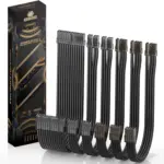 Asiahorse 16AWG Transparent Sleeved PSU Extension Cable Kit – 6-Pack, 300mm, PET Braided, Gold-Plated Terminals, Soft Material, Dual CPU Support, Black