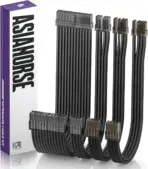 ASIAHORSE Transparent Sleeved PSU Extension Cable 4 Kit – 16AWG UL1007 Wires, 24-Pin ATX, PCIe 6+2, CPU 4+4, PET Braided, 30cm Length, Gold-Plated Terminals – Black