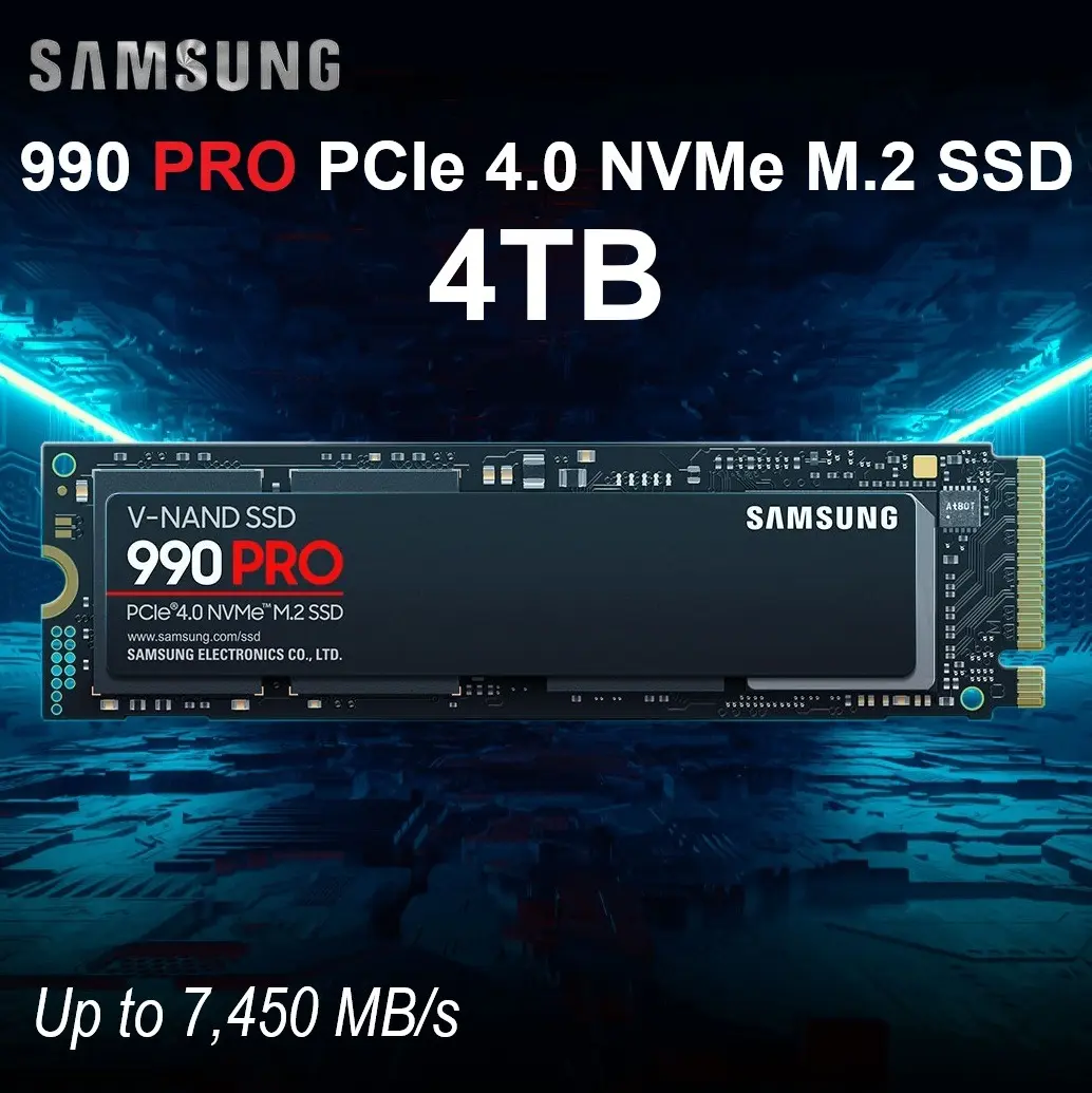 990-PRO-PCIe-4.0-NVMe-M.2-SSD-4TB-MZ-V9P4T0BW.webp Samsung 990 PRO PCIe 4.0 NVMe M.2 SSD 4TB With Up To 7450MB/s Read 6900MB/s Write 4GB LPDDR4 Cache V-NAND TLC AES 256-Bit Encryption 1.6M IOPS Random Read | MZ-V9P4T0BW - Image 1