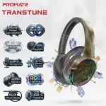 Promate TransTune Wireless ANC Headphones – Bluetooth 5.3, 40mm Drivers, RGB Lights, Active Noise Cancellation, 40H Playback, USB-C Charging, AUX Support, Hi-Fi Stereo Over-Ear Headset | GUNMETAL