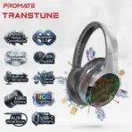 Promate TransTune Wireless ANC Headphones – Bluetooth 5.3, 40mm Drivers, RGB Lights, Active Noise Cancellation, 40H Playback, USB-C Charging, AUX Support, Hi-Fi Stereo Over-Ear Headset | SILVER