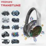 Promate TransTune Wireless ANC Headphones – Bluetooth 5.3, 40mm Drivers, RGB Lights, Active Noise Cancellation, 40H Playback, USB-C Charging, AUX Support, Hi-Fi Stereo Over-Ear Headset | SILVER