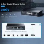 CUDY 16-Port Gigabit Unmanaged Switch with VLAN/Extend and Fanless Cooling ; Default/VLAN/Extend Modes ; 250 Meters Transmission ; VLAN for Clients Isolation ;  Desktop, Rack-Mount | BLACK GS1016 3.0 | NO WARRANTY