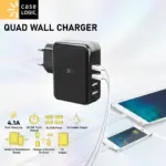 Case Logic Universal Quad Wall Charger, 4.1A 20.5W 4-Port USB Ports, Smart Detect IC Protection, 100-240V Input 5V Output, Fast Charging For Tablets And Smartphones