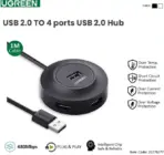UGREEN USB 2.0 Hub 4 Ports 20277 Black – 480Mbps Transfer, Micro USB Power, LED Indicator, 1M Cable, Supports 10TB HDD, Plug & Play, Overload Protection