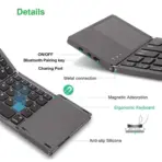 B033 Mini Foldable Wireless Bluetooth Keyboard With Built-In Touchpad – 64 Keys, Triple-Folding, Rechargeable, Compatible With Android, Windows, iOS |  GREY - Image 3