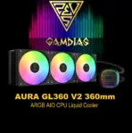 GAMDIAS AURA GL360 V2 360mm CPU Liquid Cooler with 120 mm PWM Fans x3  , ARGB AIO Liquid Cooling System, Hidden Cable & Rotatable Mirror Style Pump, Intel LGA 1700/1200 & AMD AM5/AM4 | BLACK AURA-GL360-V2-B