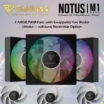 Gamdias Notus M1-1203 ARGB 3-Pack 120mm PWM Fans With 400-1600 RPM, 57.56 CFM Airflow, Hydraulic Bearing, Optional Reversible Blades Included (intake ↔ exhaust) , Low Noise 25dBA, And Motherboard ARGB Sync | BLACK 