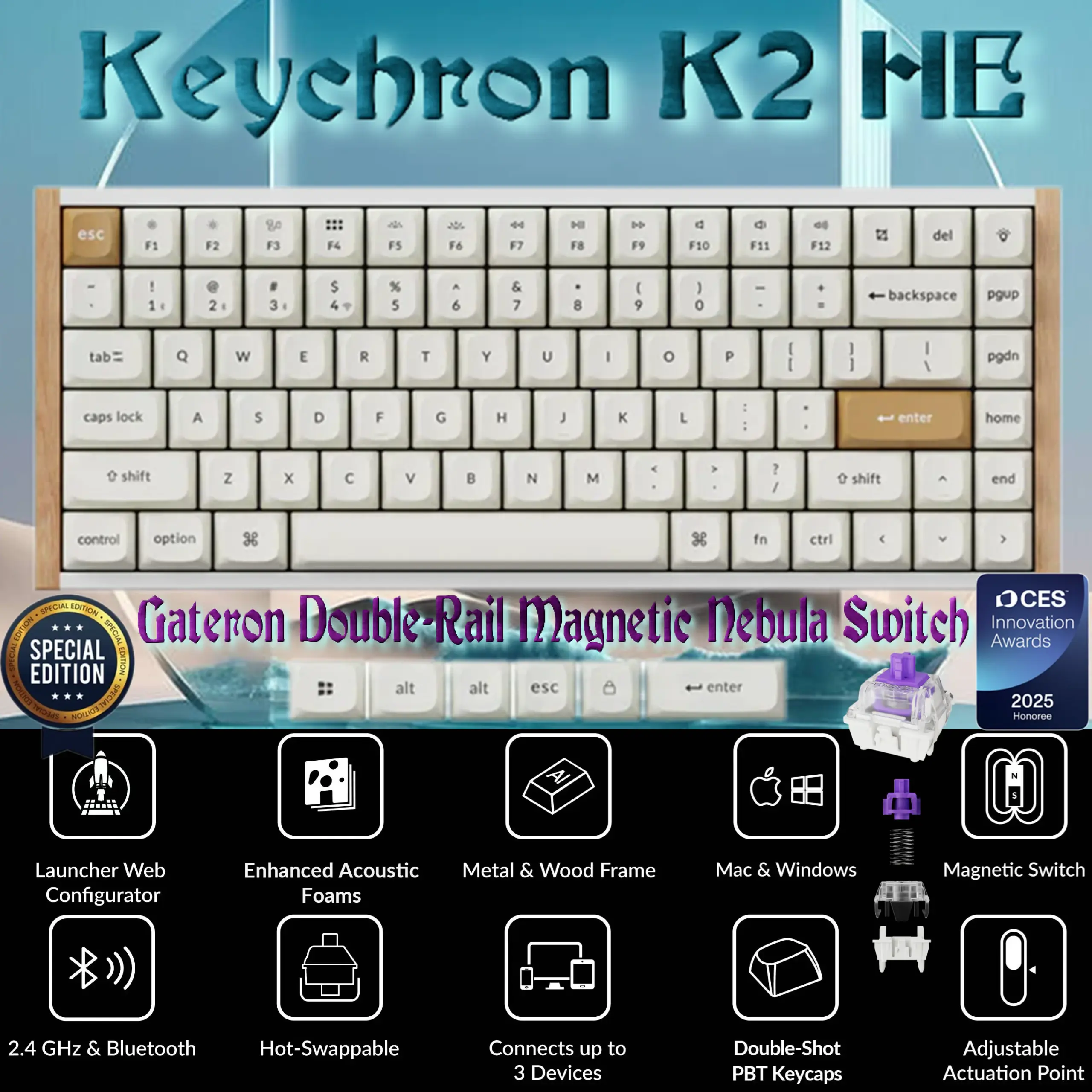 Gateron-Double-Rail-Magnetic-Nebula-Switch-Keychron-K2-HE-Wireless-Magnetic-Switch-Custom-Keyboard-1.webp Keychron SPECIAL EDITION K2 HE Wireless 75% Magnetic Switch Keyboard With Gateron Double-Rail Nebula Switches, Dynamic Trigger, Analog Mode, Rapid 1000Hz Polling, Hot-Swappable Aluminum & Rosewood Frame , Additional Keycaps for Windows/macOS/Linux | WHITE K2H-Q1 - Image 1