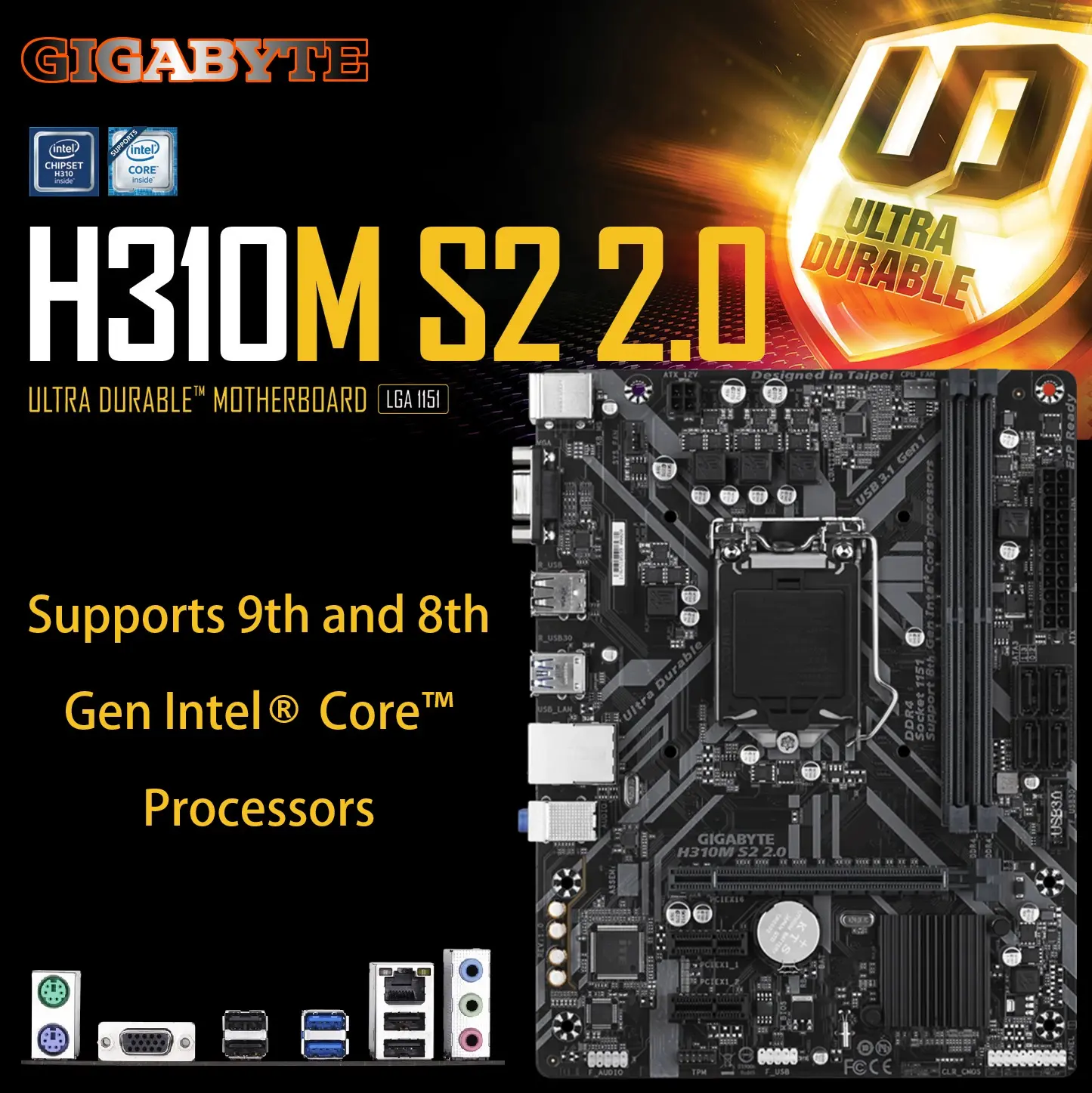 H310M-S2-2.0-motherboard-with-GIGABYTE-8118-Gaming-LAN-Supports-9th-and-8th-Gen-Intel®-Core™-Processors.webp GIGABYTE H310M S2 2.0 (Rev. 1.0) DDR4 Micro ATX Motherboard : LGA1151 Intel H310 PCIe 3.0, 2 x DDR4 DIMM up to 32GB 2666/2400/2133 MHz , Gaming LAN , For 9th/8th Gen Processors | USED WITH BOX - Image 1