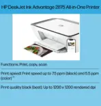 HP DeskJet Ink Advantage 2875 AIO Wireless Printer, Print, Copy, Scan, Up to 7.5ppm Print Speed, 1200 x 1200 DPI Print Resolution, Contact Image Sensor Scan Technology , Wi-Fi & USB 2.0 Connectivity | WHITE 60K47C