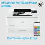 HP LaserJet Pro 4003dn Network Printer - Black & White Monochrome - Up to 40 ppm (A4) 1200 x 1200 dpi - Duplex 2 Sided Printing - HP Wolf Pro Security - Ethernet Port - Hi-Speed USB 2.0 | White (2Z609A)