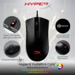 HyperX Pulsefire Core Gaming Mouse With Pixart 3327 Sensor, 6200 DPI, Macro Customization, 7 Programmable Buttons, RGB Lighting, 20M Click Durability, USB Wired Symmetrical Design | 4P4F8AA BLACK 