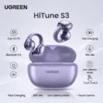 UGREEN HiTune S3 Open Ear Bluetooth 5.4 Earbuds 30H Playtime IPX5 Waterproof Clip-On Headphones, 12mm Drivers, ENC Mic, Low Latency Game Mode | Purple