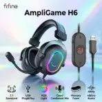 FIFINE AmpliGame H6 USB Gaming Headset with RGB & 7.1 Surround Sound, Omni Condenser Mic, 48KHz, USB-A, Lightweight Memory Foam Breathable Ear Cushions, Streaming Headphones on PS4/PS5 | BLACK