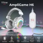 FIFINE AmpliGame H6 USB Gaming Headset with RGB & 7.1 Surround Sound, Omni Condenser Mic, 48KHz, USB-A, Lightweight Memory Foam Breathable Ear Cushions, Streaming Headphones on PS4/PS5 | WHITE / SILVER