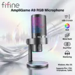 FIFINE AmpliGame A9 RGB Gaming  / Streaming Microphone, USB-C  & AUX Condenser With Shock Mount Pop Filter, Headphone Monitoring, Mute Control, Studio Recording, For Windows, Mac OS, PS4 / PS5, Smartphone, Tablet 