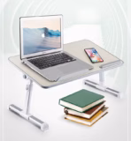 Foldable Laptop Desk 60×33cm with Adjustable Height 24–32cm, 0–36° Tilt ,Wooden MDF Panel, Aluminum Legs ,With Wrist Soft Strip, Portable Bed Table For 14” 15” 17” Laptops  | Beige - Image 2