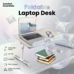 Foldable Laptop Desk 60×33cm with Adjustable Height 24–32cm, 0–36° Tilt ,Wooden MDF Panel, Aluminum Legs ,With Wrist Soft Strip, Portable Bed Table For 14” 15” 17” Laptops  | Beige