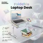 Foldable Laptop Desk 60×33cm with Adjustable Height 24–32cm, 0–36° Tilt ,Wooden MDF Panel, Aluminum Legs ,With Wrist Soft Strip, Portable Bed Table For 14” 15” 17” Laptops  | Beige
