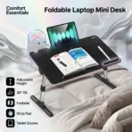 Foldable Laptop Mini Desk 52×30cm Adjustable Height 24–32cm 0–36° Tilt MDF Panel Aluminum Legs With Wrist Pad Tablet Groove Portable Bed Table For 14”–17” Laptops Black