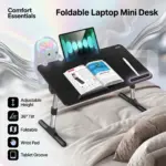Foldable Laptop Mini Desk 52×30cm Adjustable Height 24–32cm 0–36° Tilt MDF Panel Aluminum Legs With Wrist Pad Tablet Groove Portable Bed Table For 14”–17” Laptops Black
