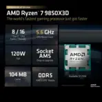 AMD Ryzen 7 9850X3D AM5 Desktop Processor, 8 Cores 16 Threads, Up To 5.6GHz Boost, 96MB Cache, DDR5 256GB Support, PCIe 5.0, Integrated Radeon Graphics, Unlocked TRAY CPU - Image 2