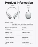 HOCO W55 Wireless Bluetooth 5.4 Headphones, 90H Battery, 800mAh, 40mm Drivers, TF Card, AUX, Built-In Mic, Closed Design, Multi Mode | SILVER - Image 11