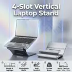Multi-Position 4 Slot Vertical Laptop Stand, Aluminum Adjustable Dock For Up To 4 Devices, Laptop - Tablet - Phone Universal Holder, 0.5 To 1.5 Inch Thickness Hold, Anti Scratch Silicone Stable Base | Grey ~ N96 - Image 2