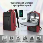 Waterproof Oxford Laptop Backpack With USB Charging Port, Multi-Compartment Business Travel Bag, Padded 15.6 Inch Laptop Protective Sleeve , Ergonomic Design |  Black & Red  ~ EXP039