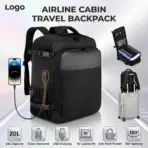 Cabin Backpack With USB Charging Port, 40x20x25cm - 20L - 14 Inch Laptop Fit, Under Seat Carry On, Anti-Theft Pocket, 180° Opening, Water-Resistant Travel Bag | BLACK